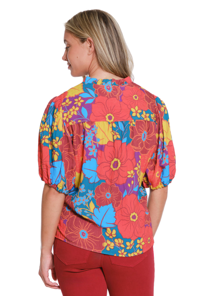 Floral Print Split Neck Top - Multi