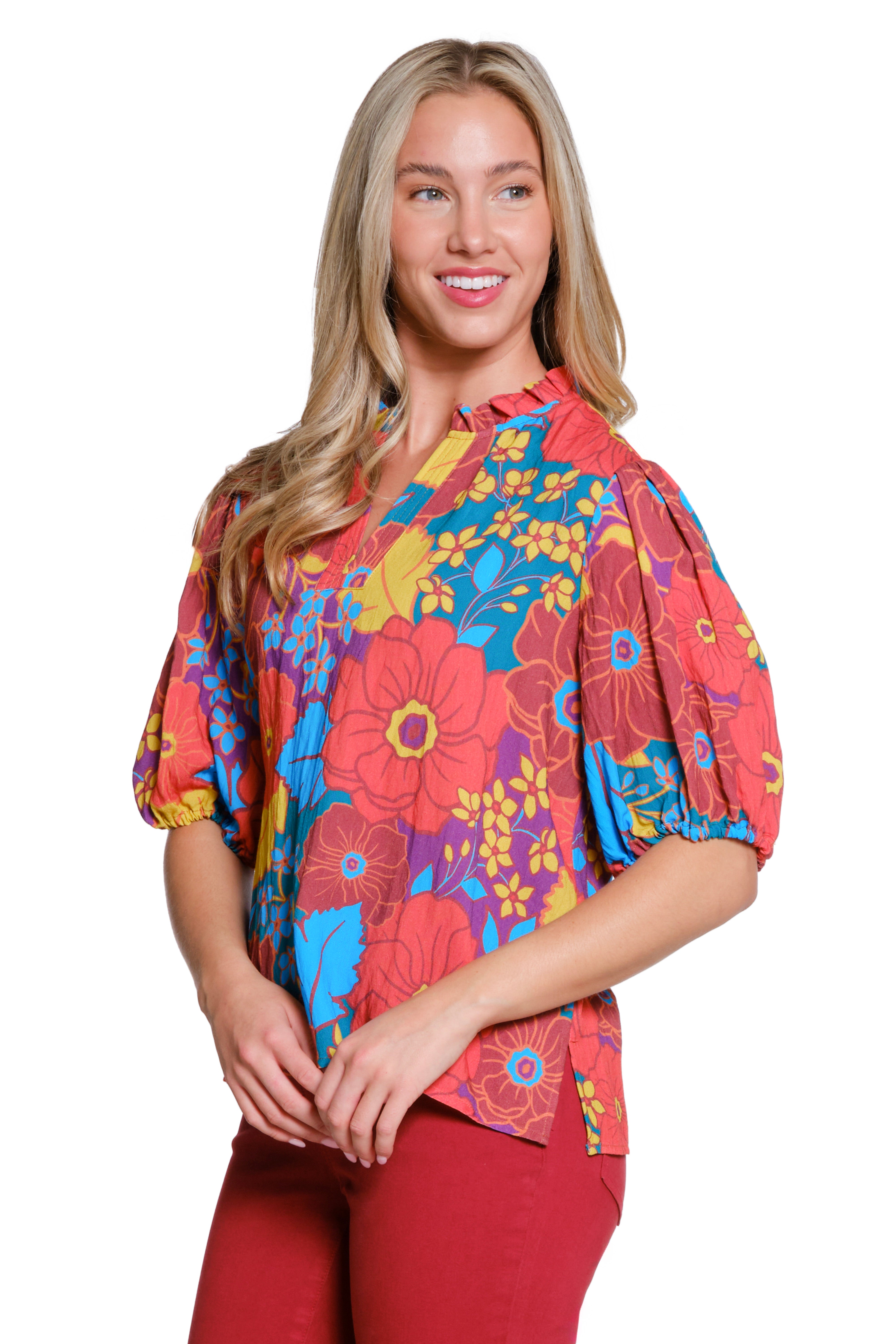 Floral Print Split Neck Top - Multi