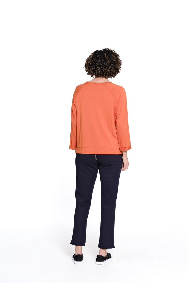 Stripe Trim Raglan Sleeve Top - Rust