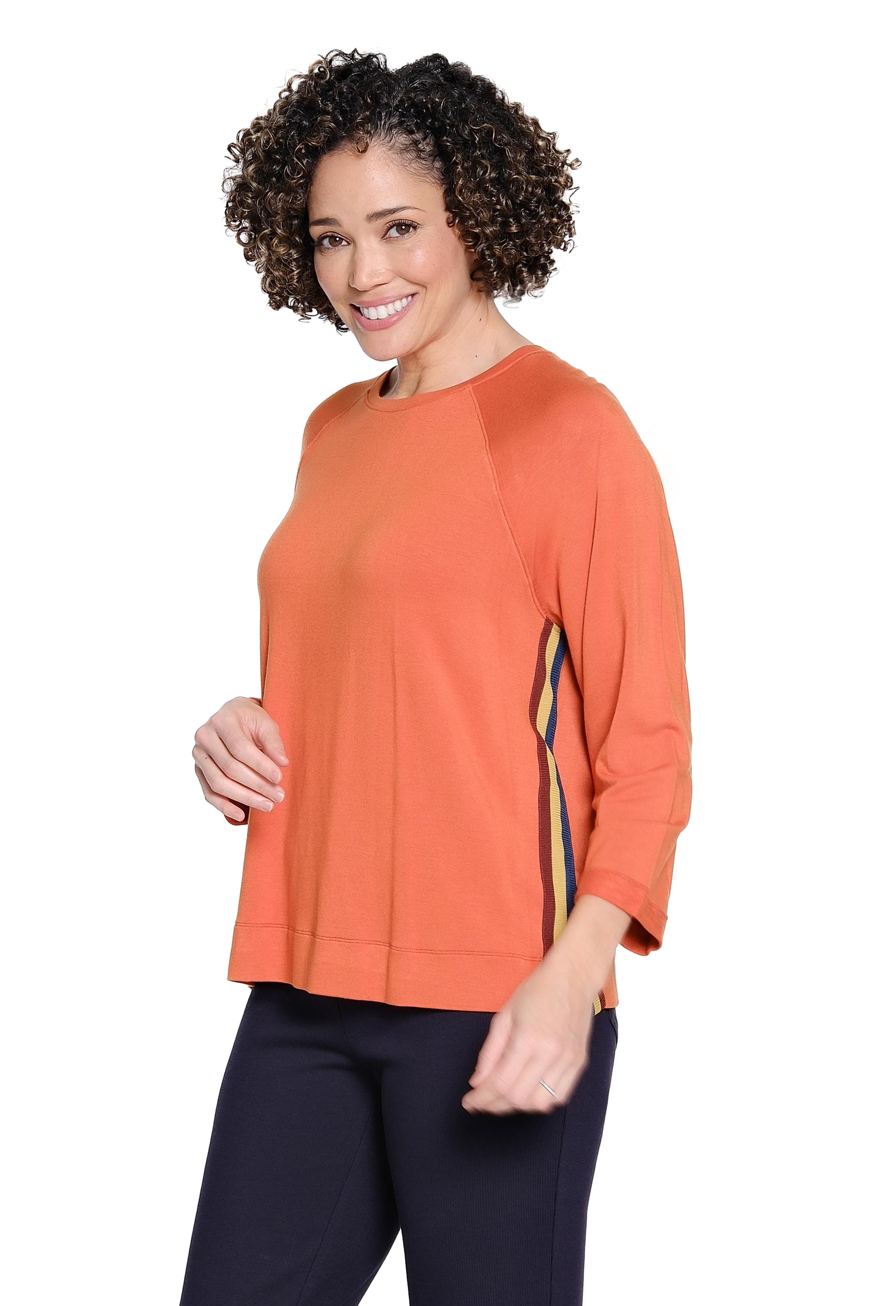 Stripe Trim Raglan Sleeve Top - Rust