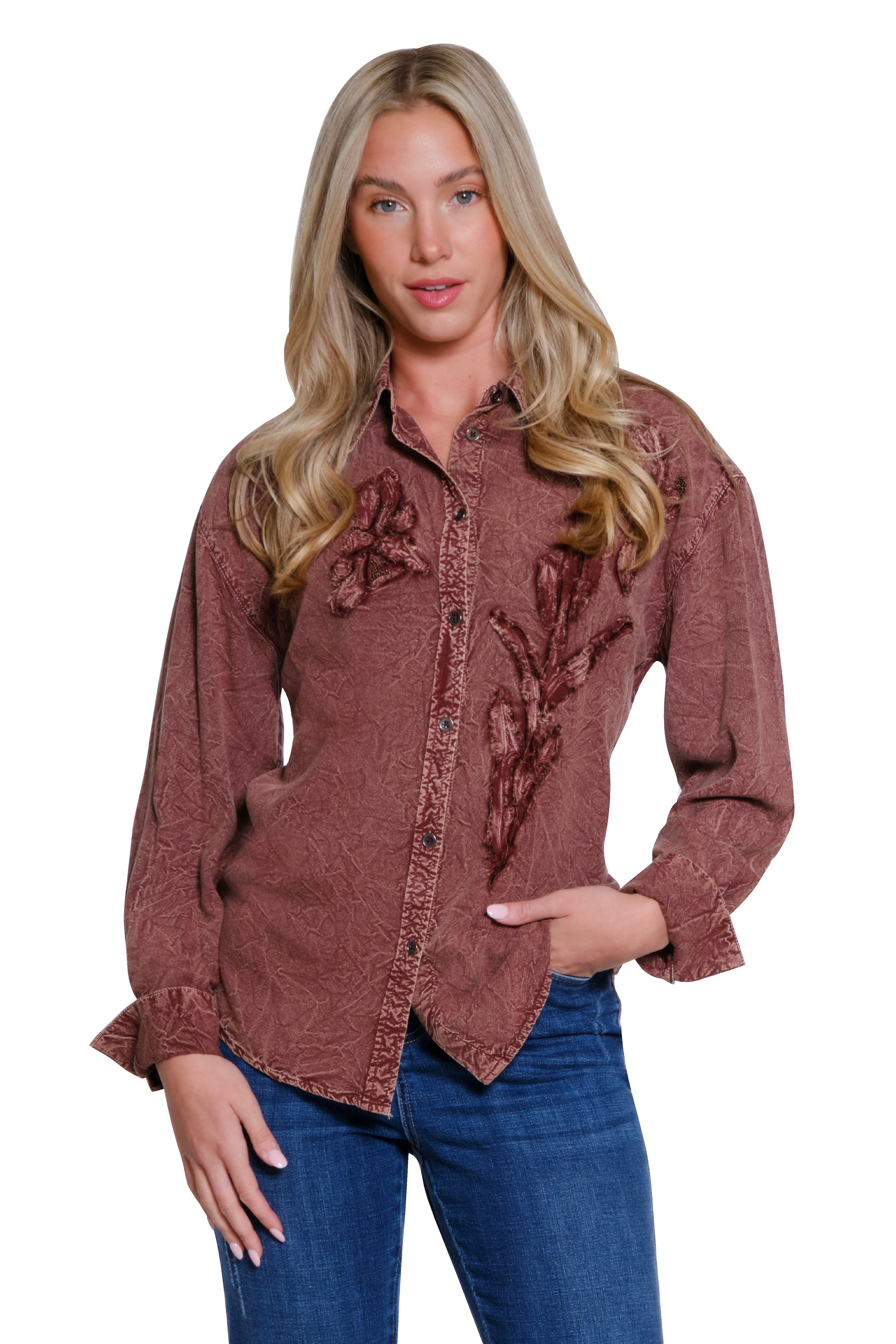 Appliqué Button-Up Shirt - Brick