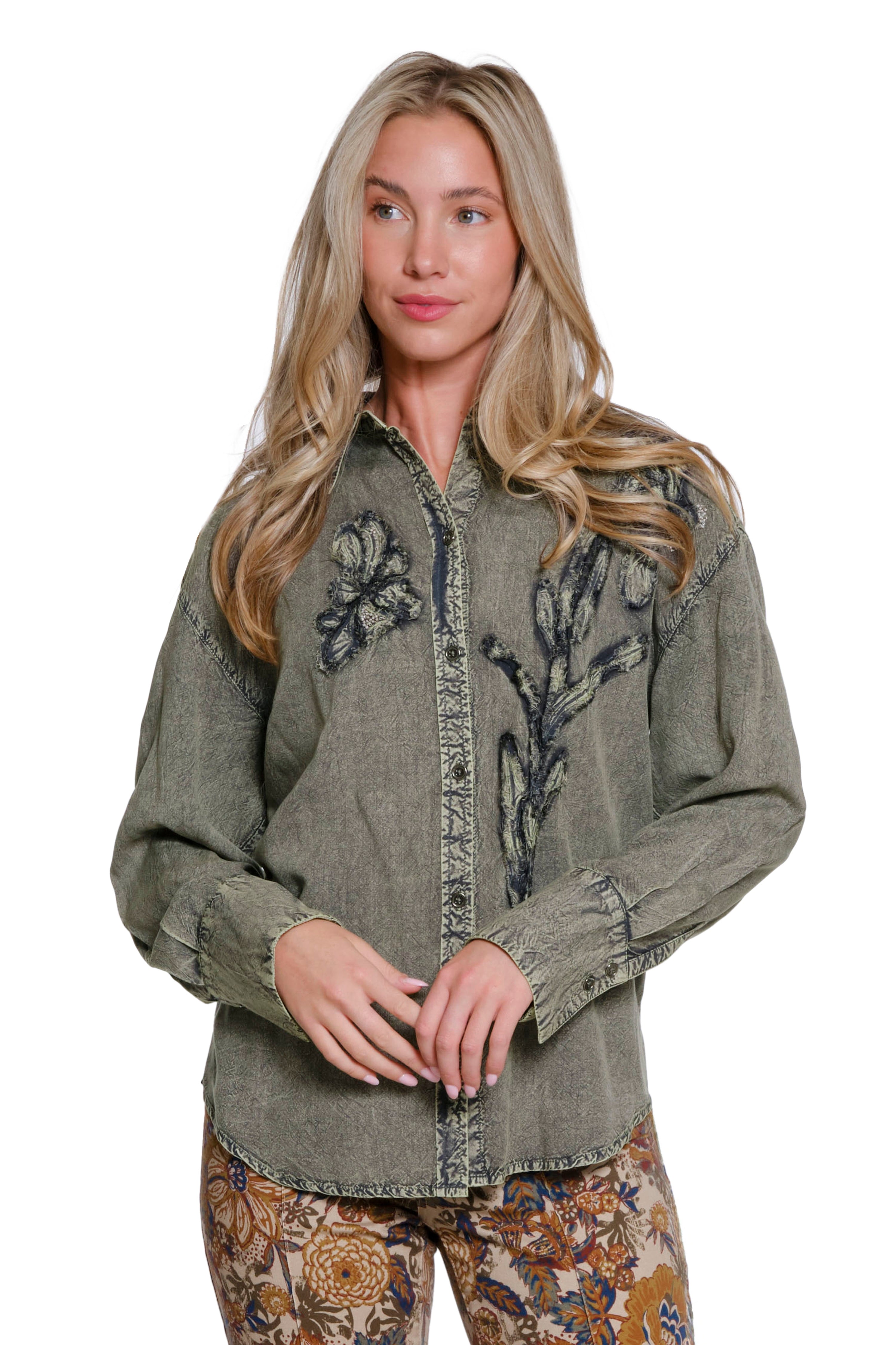 Appliqué Button-Up Shirt - Olive Green