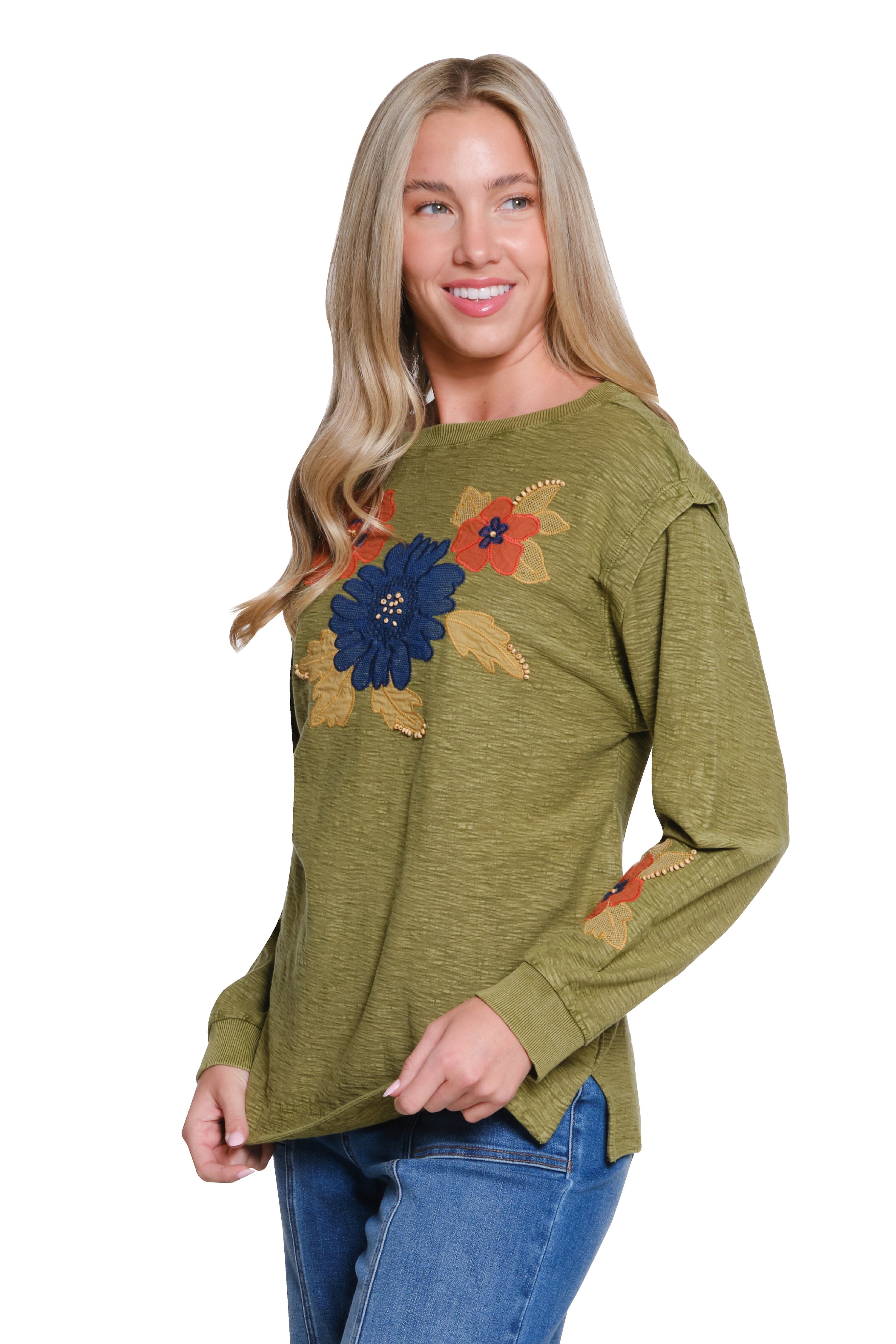 Floral Appliqué Slub Knit Top - Olive