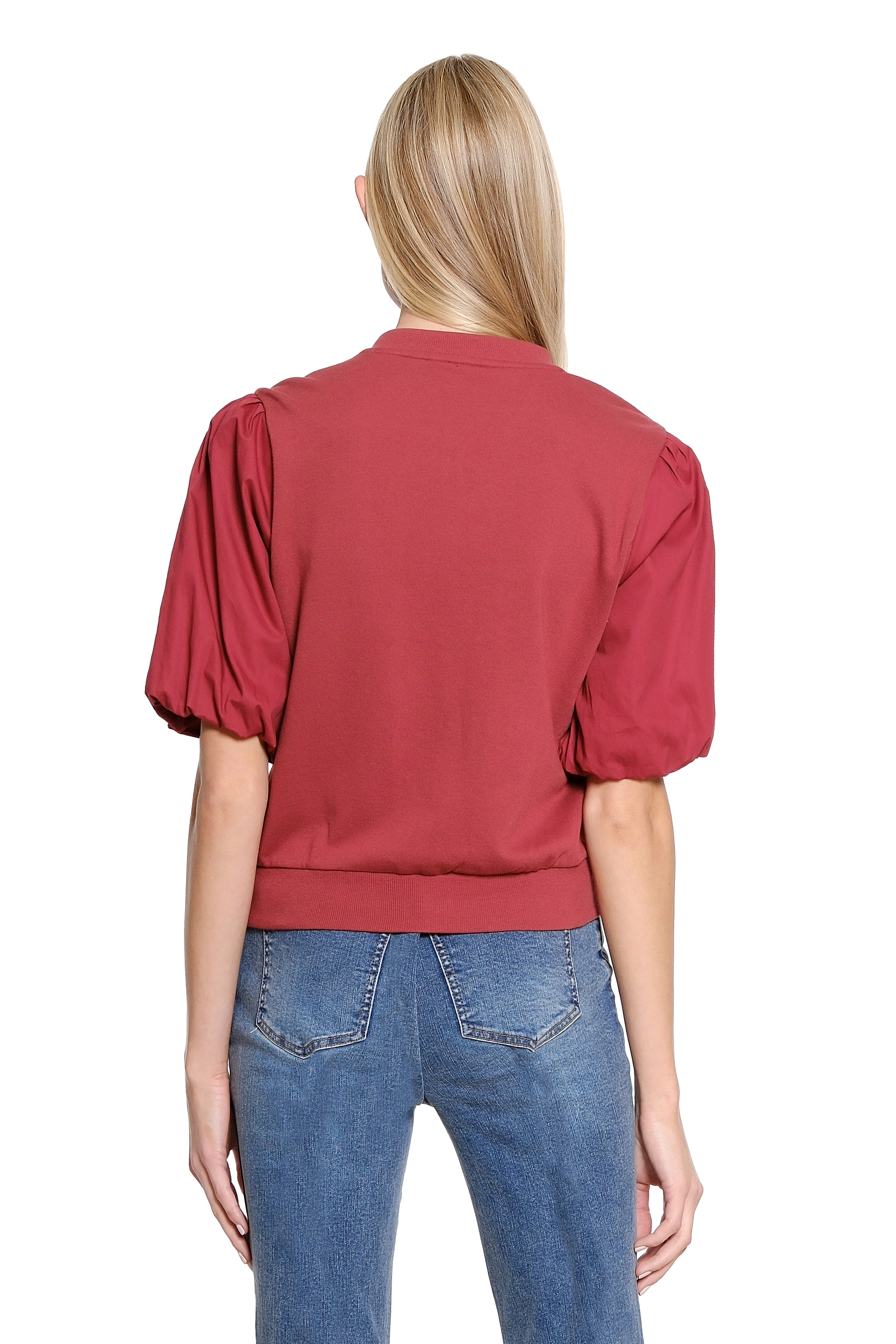 Zip Front Knit Cardigan with Poplin Sleeves - Brick