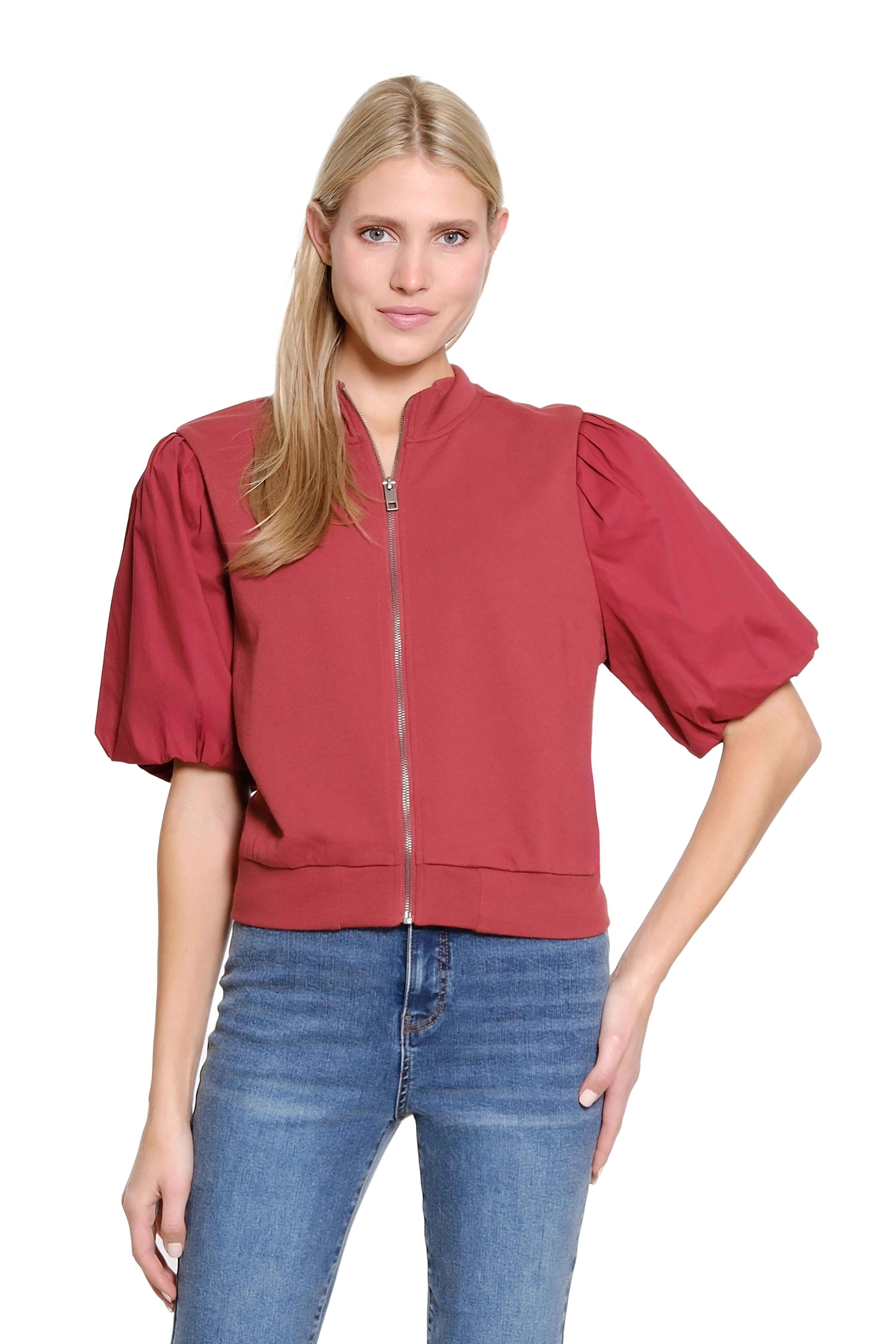 Zip Front Knit Cardigan with Poplin Sleeves - Brick