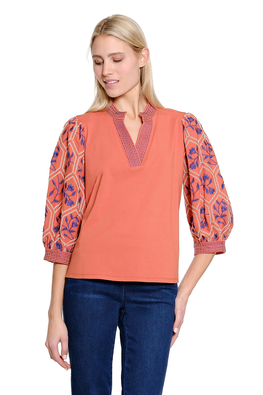 Spice Stand Collar Embroidered Sleeve Top
