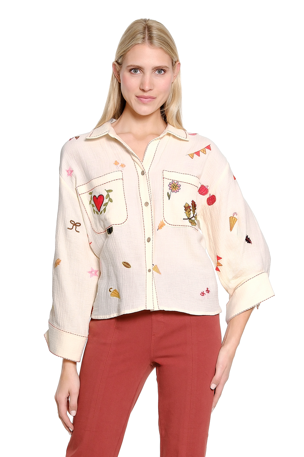 Natural Embroidered Button Up Boxy Shirt