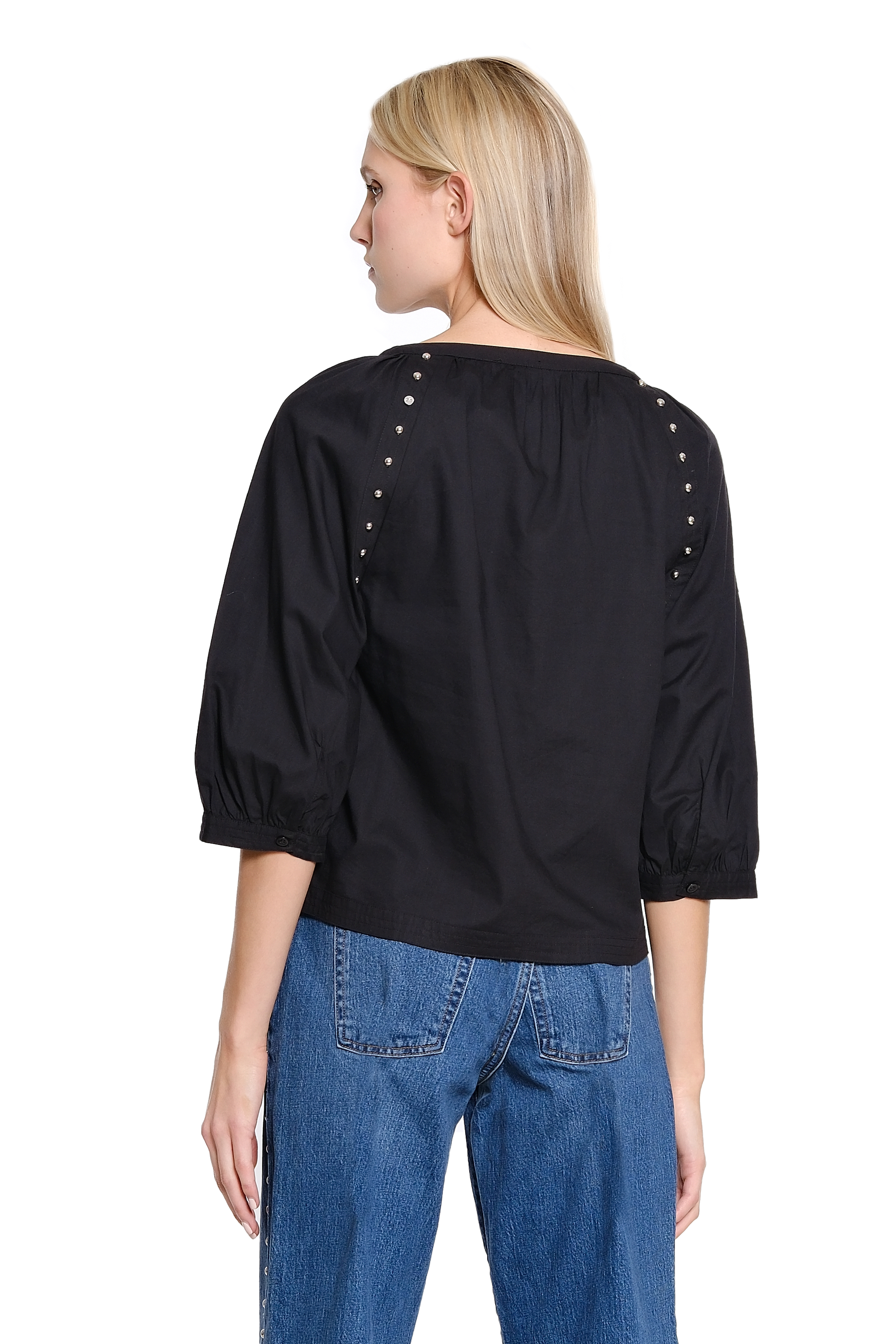 Raglan Sleeve Metal Nailhead Trim Top - Black