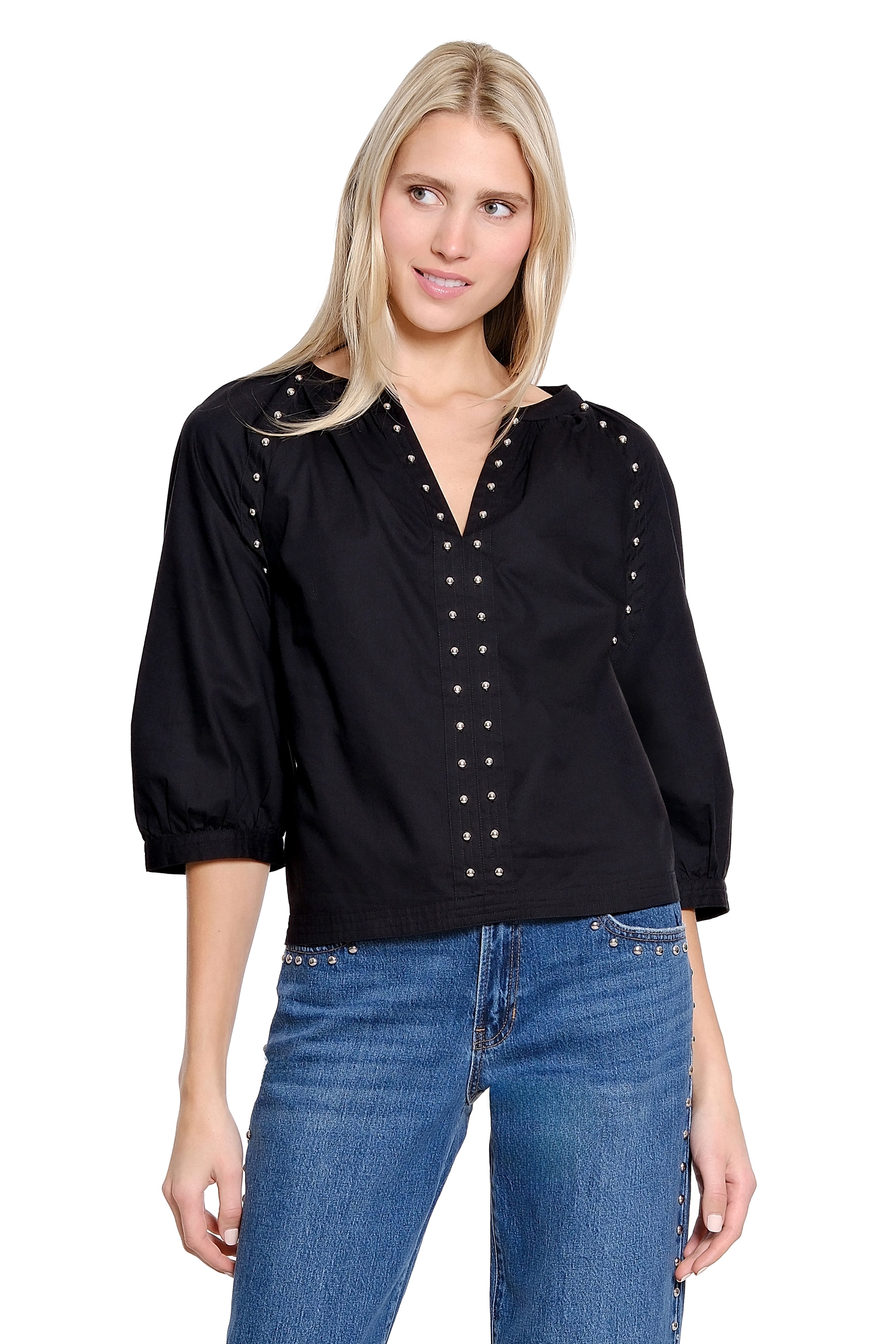 Raglan Sleeve Metal Nailhead Trim Top - Black