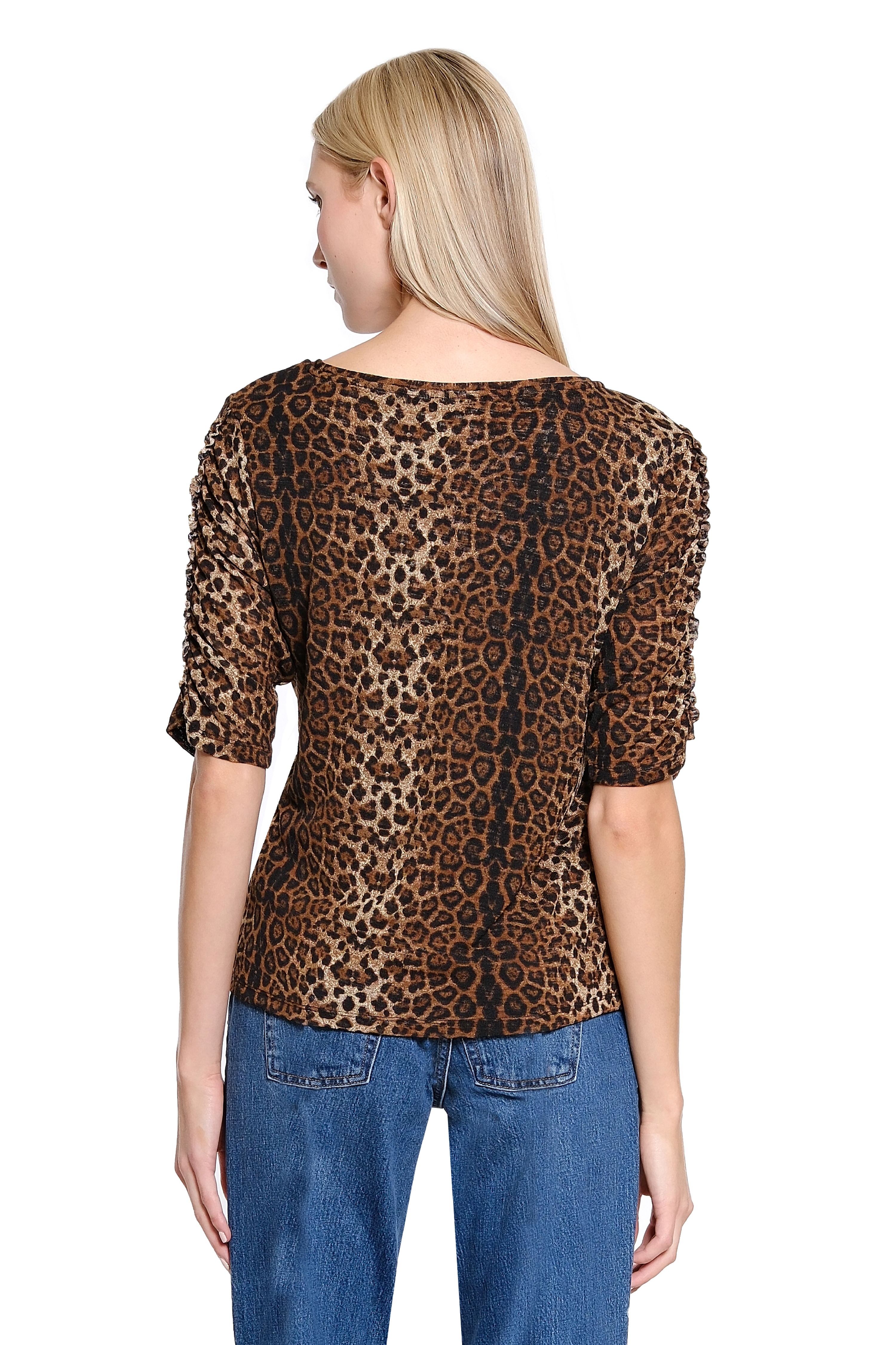 Ruched Sleeve Printed Knit Top - Neutral Animal