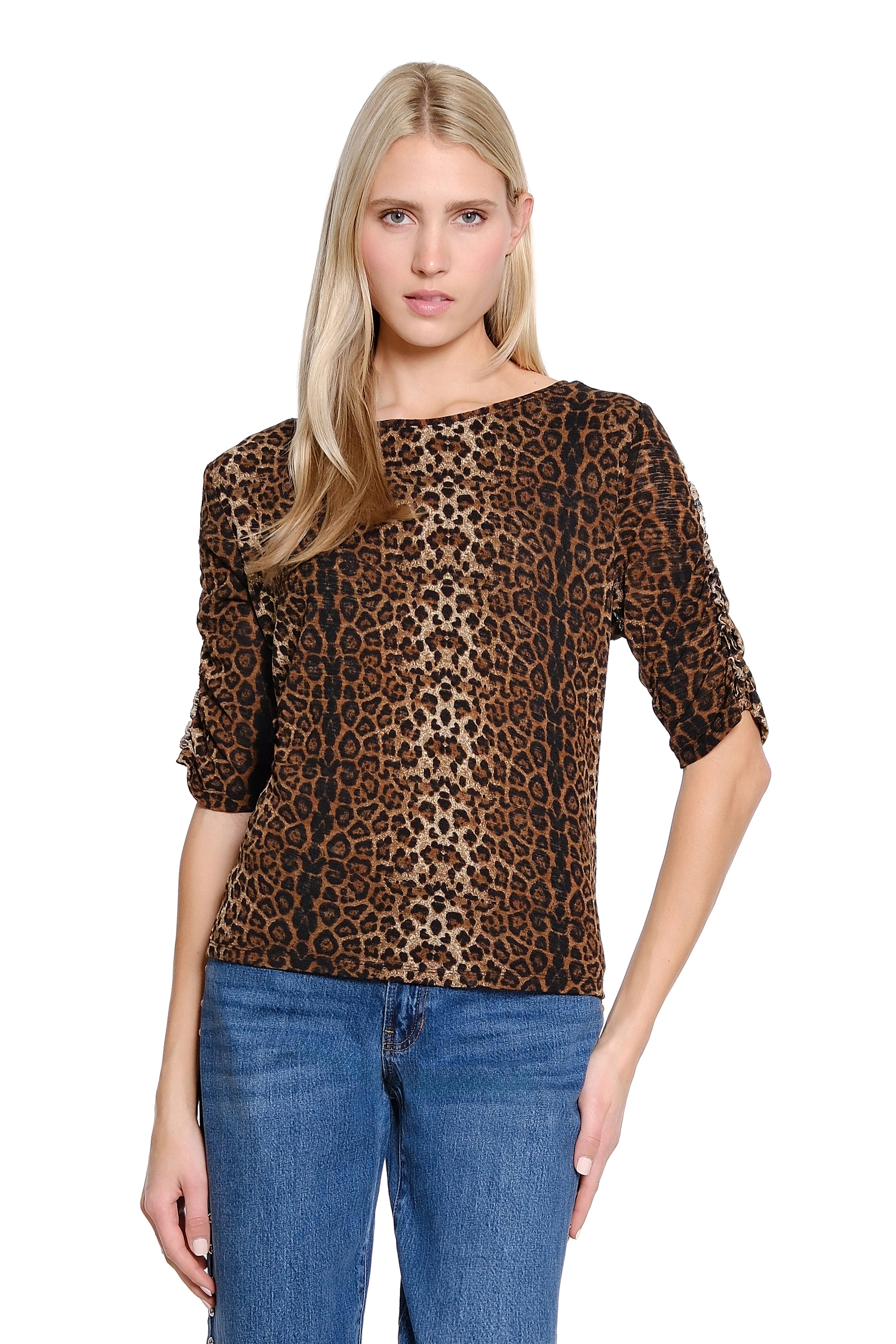 Ruched Sleeve Printed Knit Top - Neutral Animal
