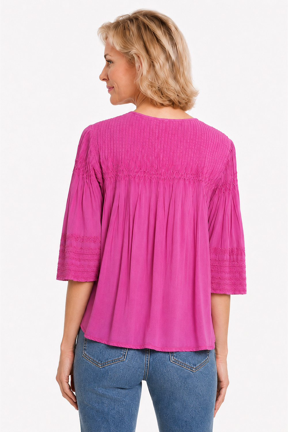 Fuchsia Pintuck Detail Embroidered Sleeve Top