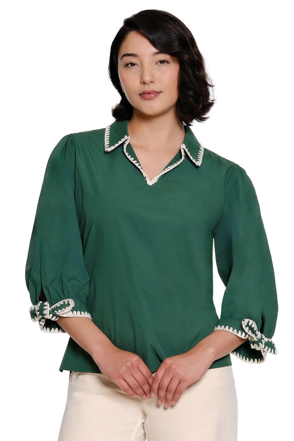 Green Split Neck Popover with Crochet Trim
