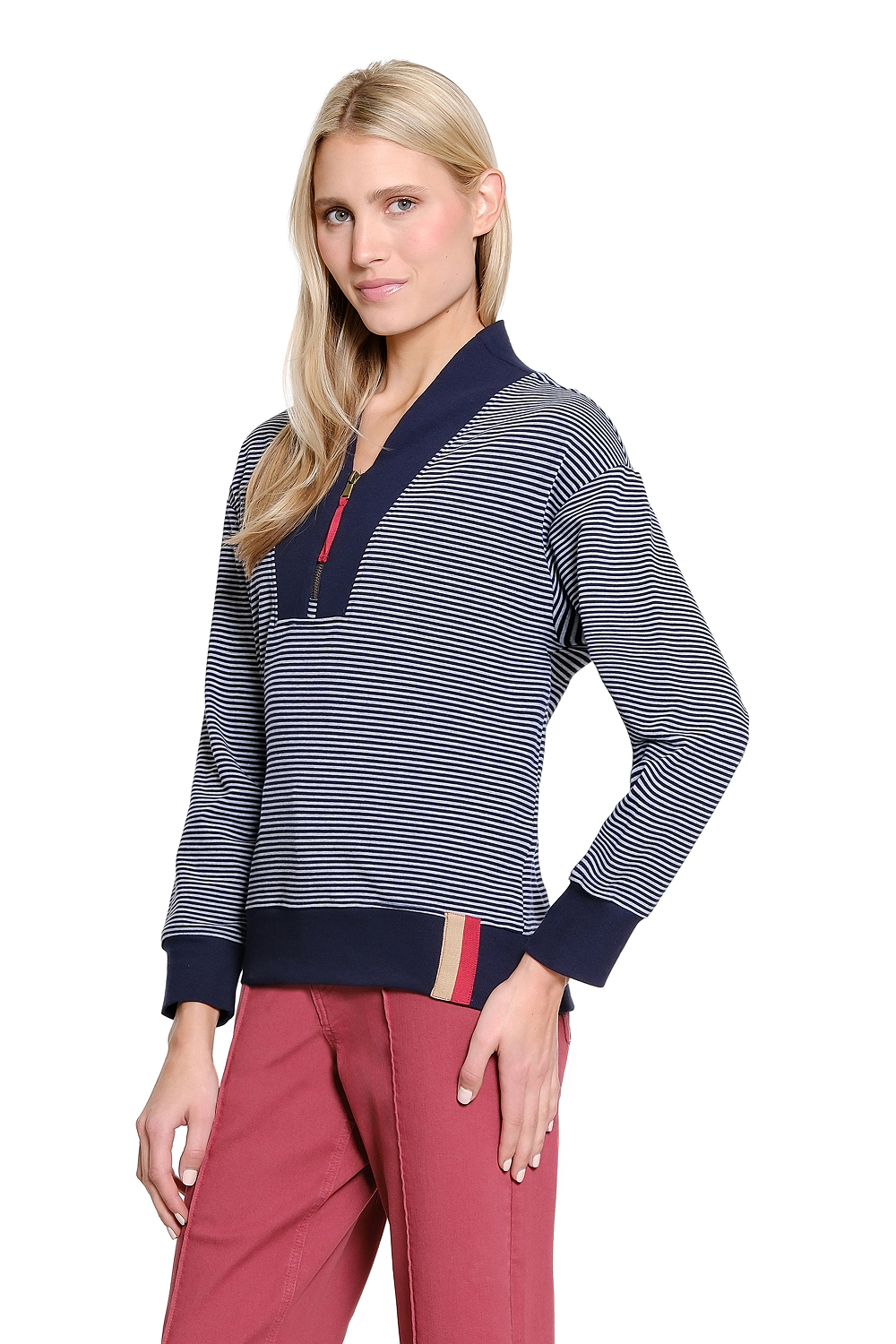 Navy Stripe Shawl Collar Zip Front Sweatshirt