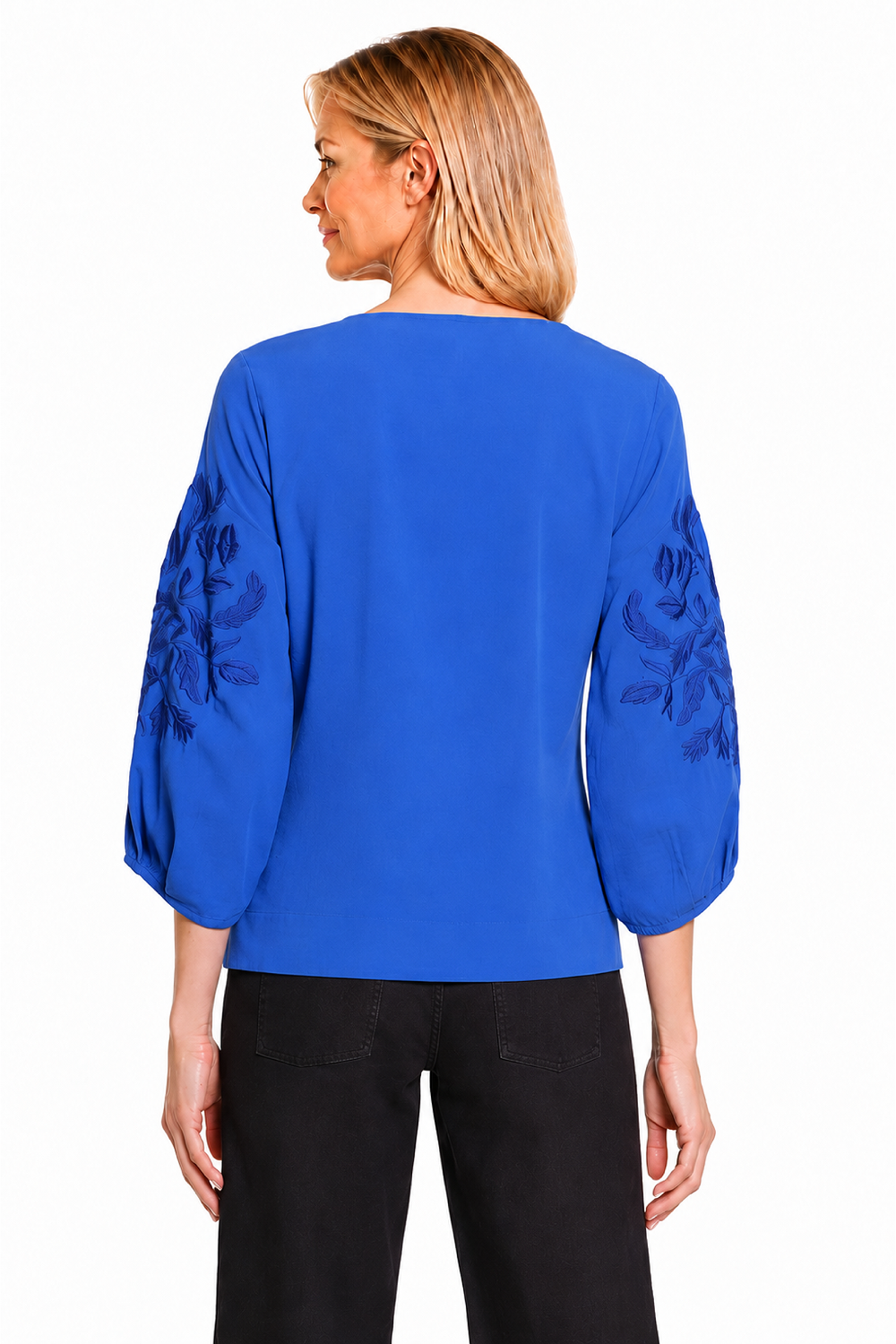 Dark Blue Pleated Sleeve Boatneck Embroidered Top