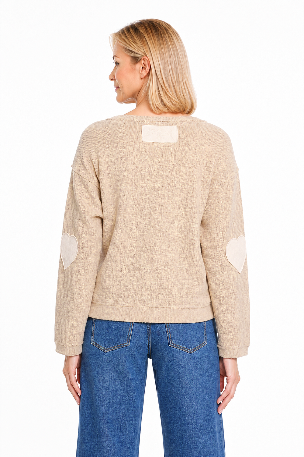 Natural Split Neck Knit Top with Applique