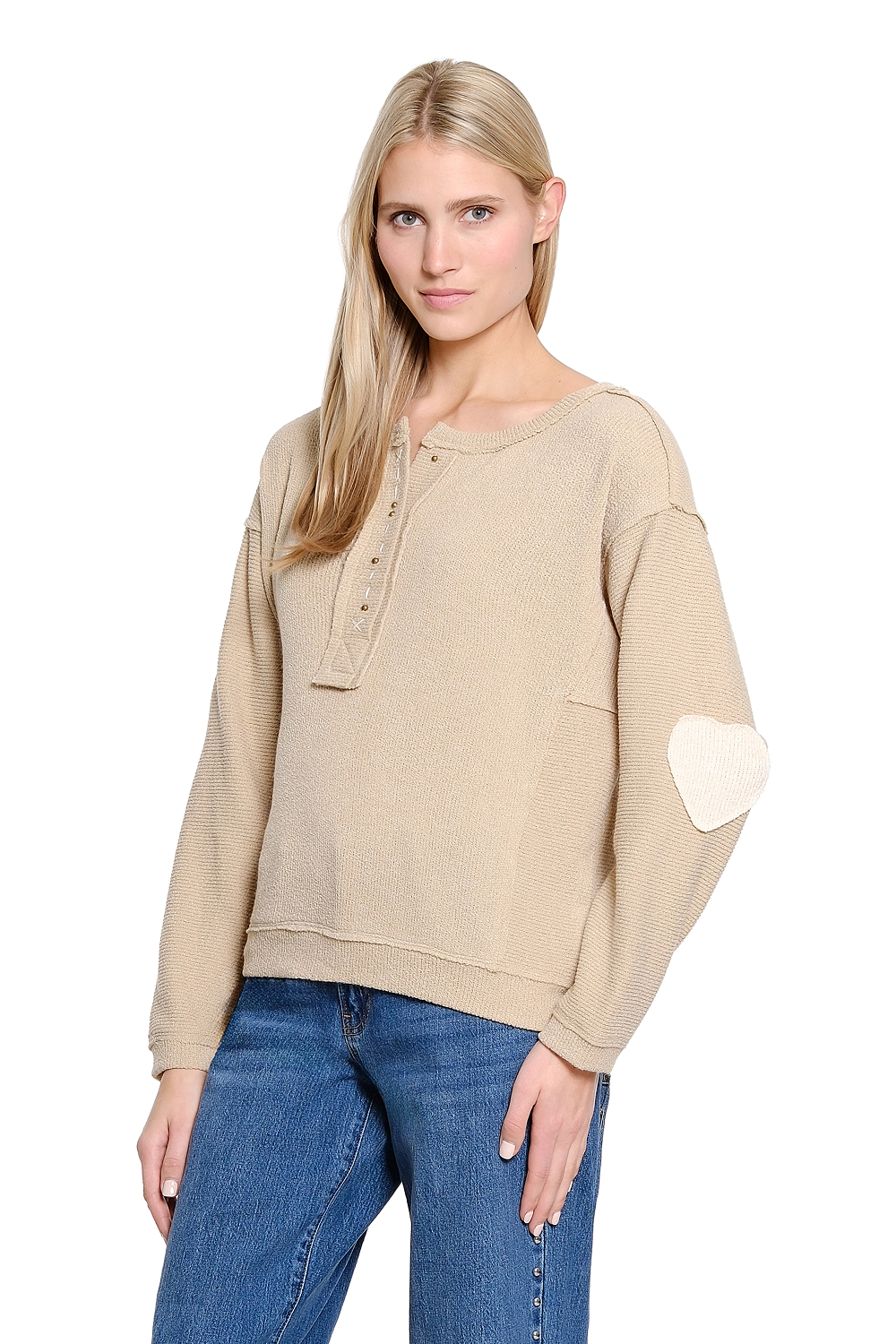 Natural Split Neck Knit Top with Applique