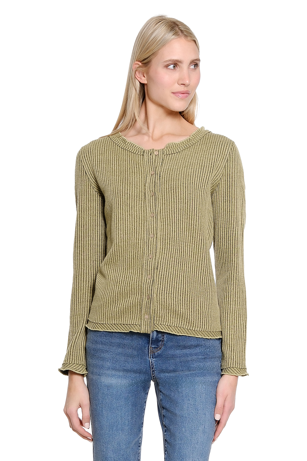 Olive Stripe Knit Button Up Top