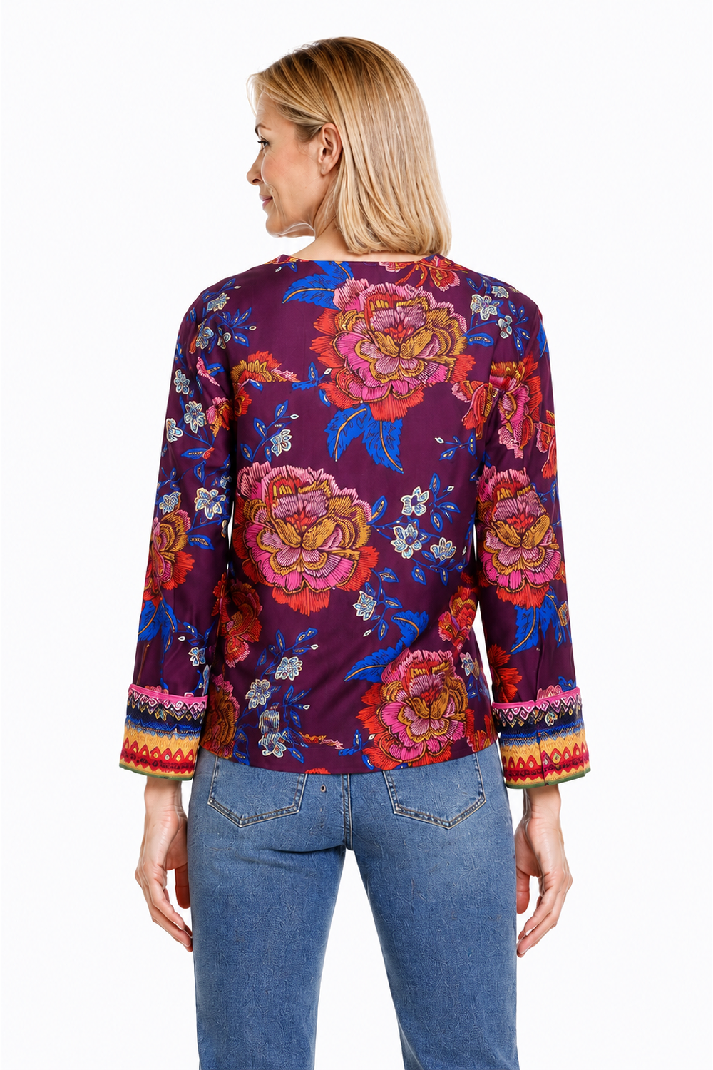 Multi Boatneck Print Top with Contrast Cuffs