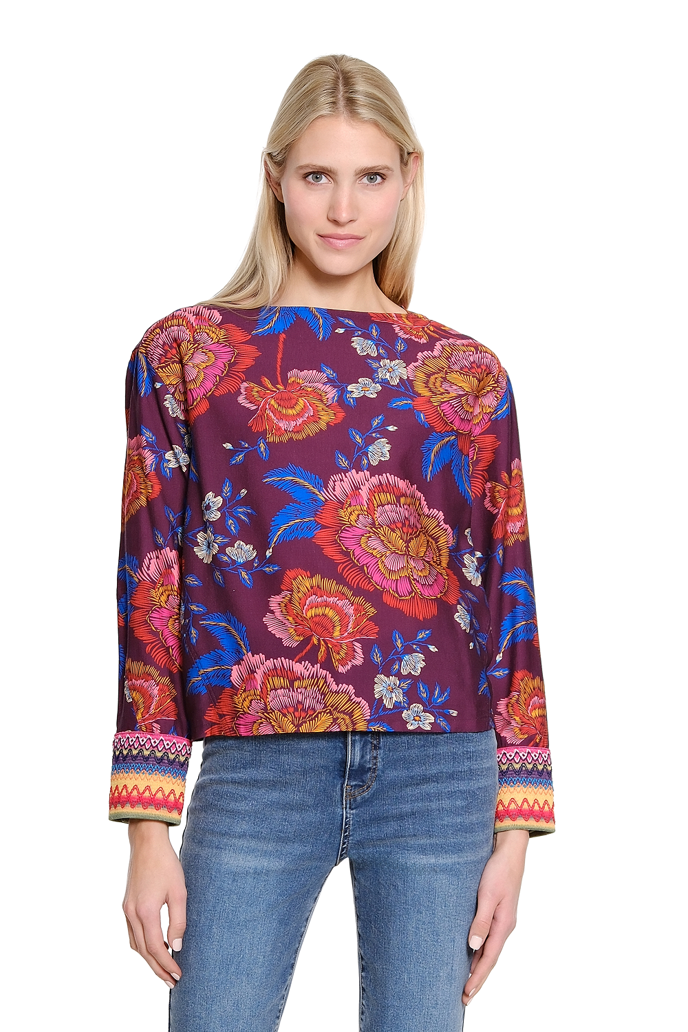 Multi Boatneck Print Top with Contrast Cuffs
