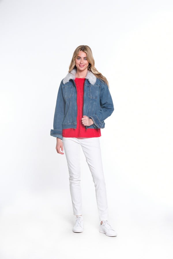 FUR COLLAR DENIM JACKET - Medium Indigo