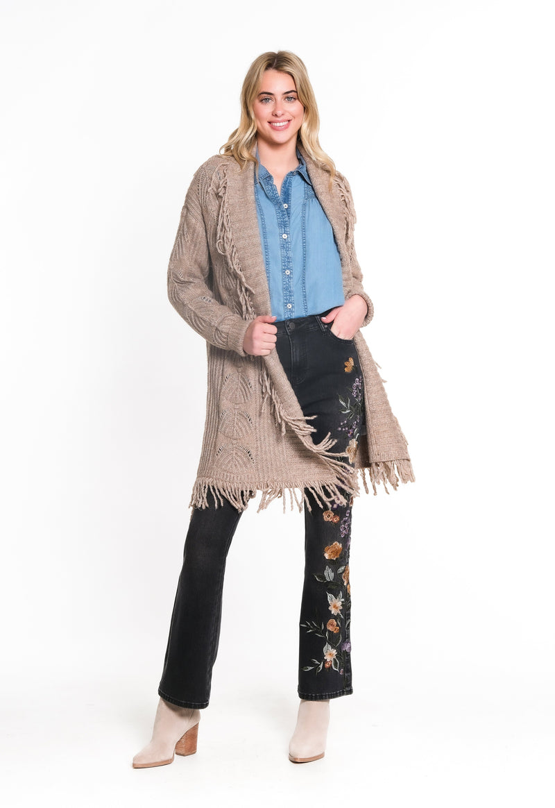 Cardigan with Fringe Trim - Camel