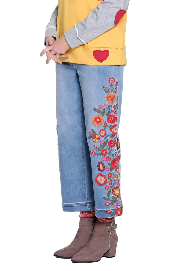 Embroidered Wide Leg Jean - Medium Indigo