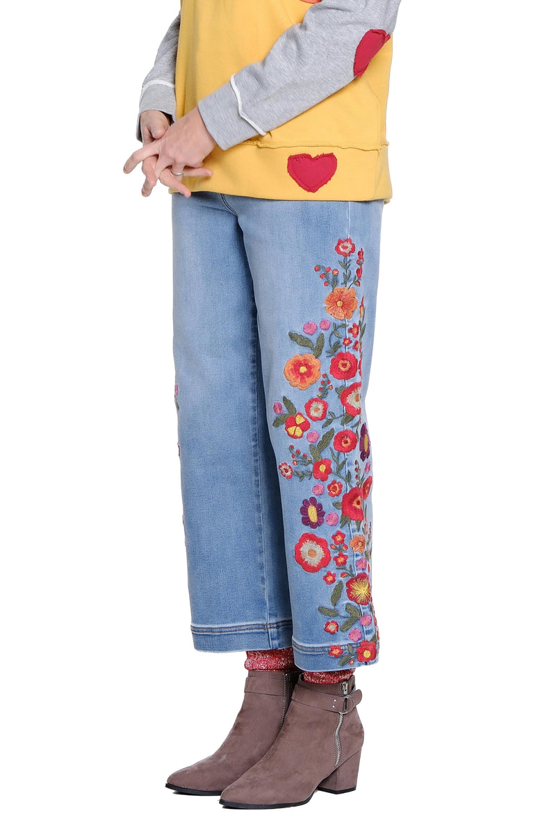 Embroidered Wide Leg Jean - Medium Indigo