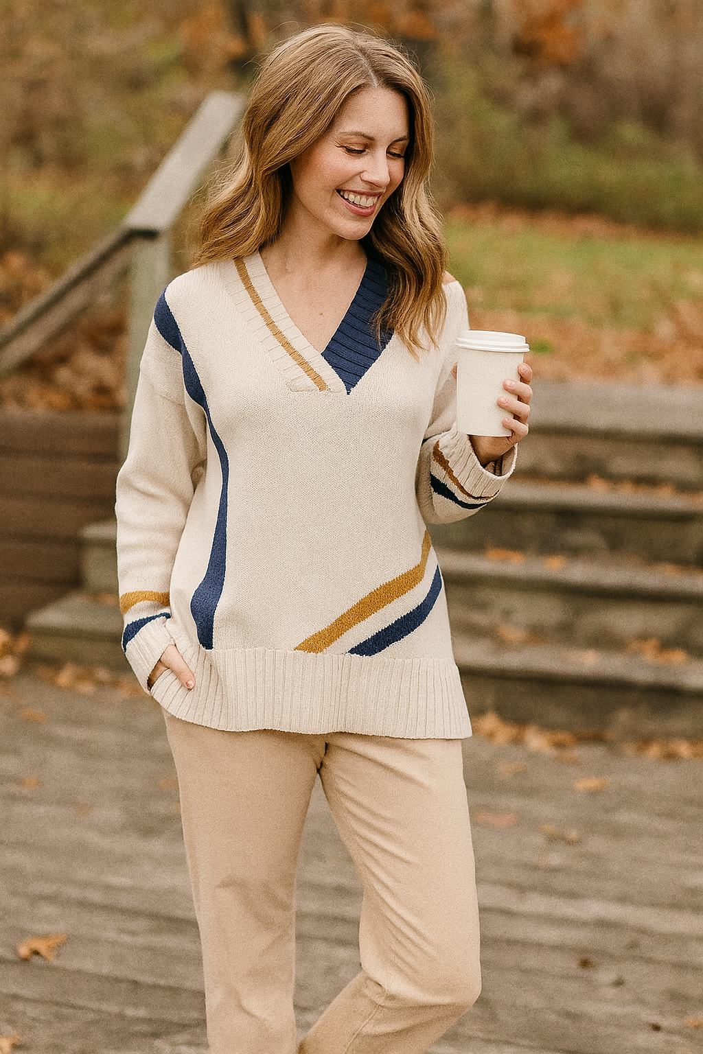 V-Neck Varsity Sweater - Natural