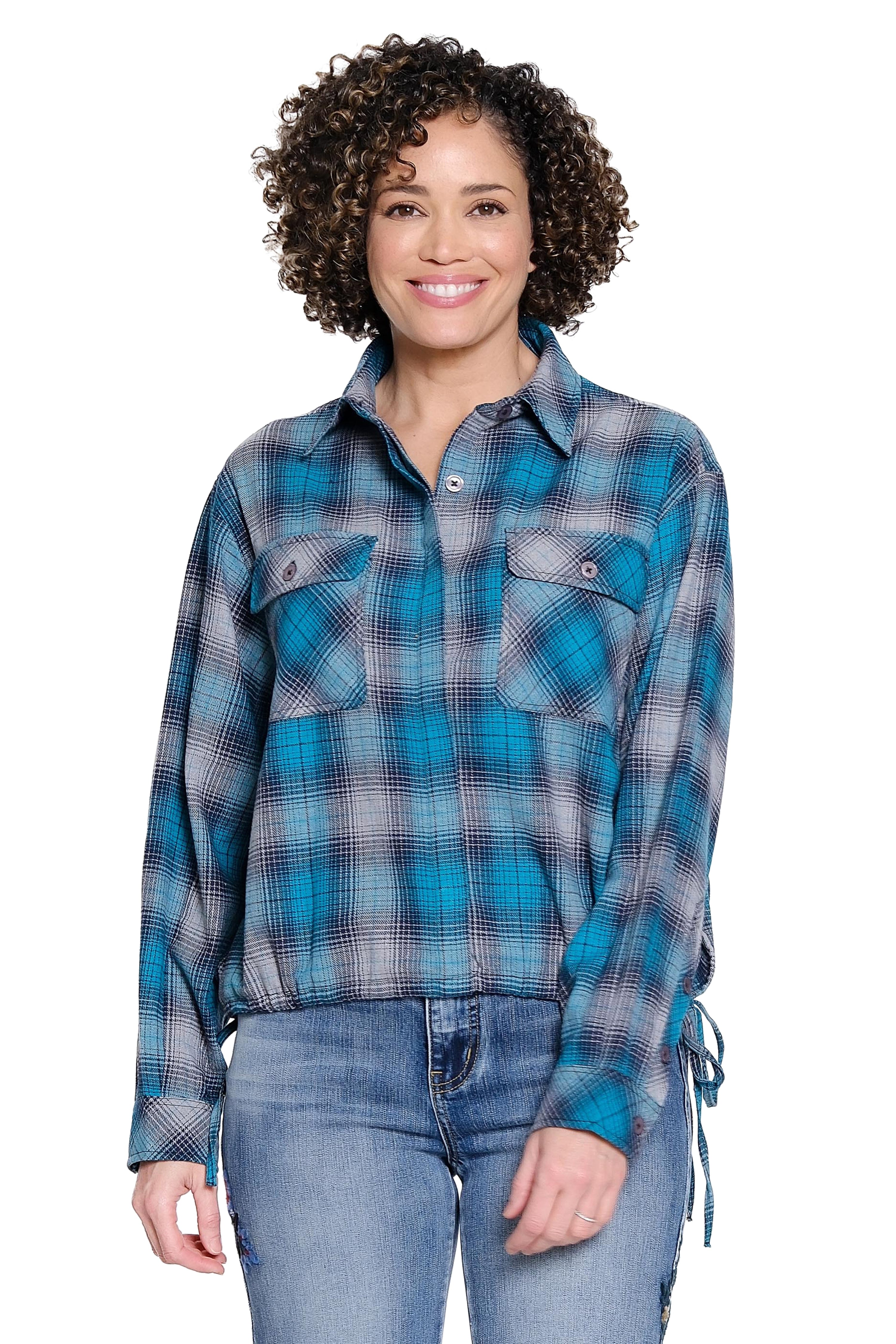 Plaid Button Up with Side Tie Detail - Multi