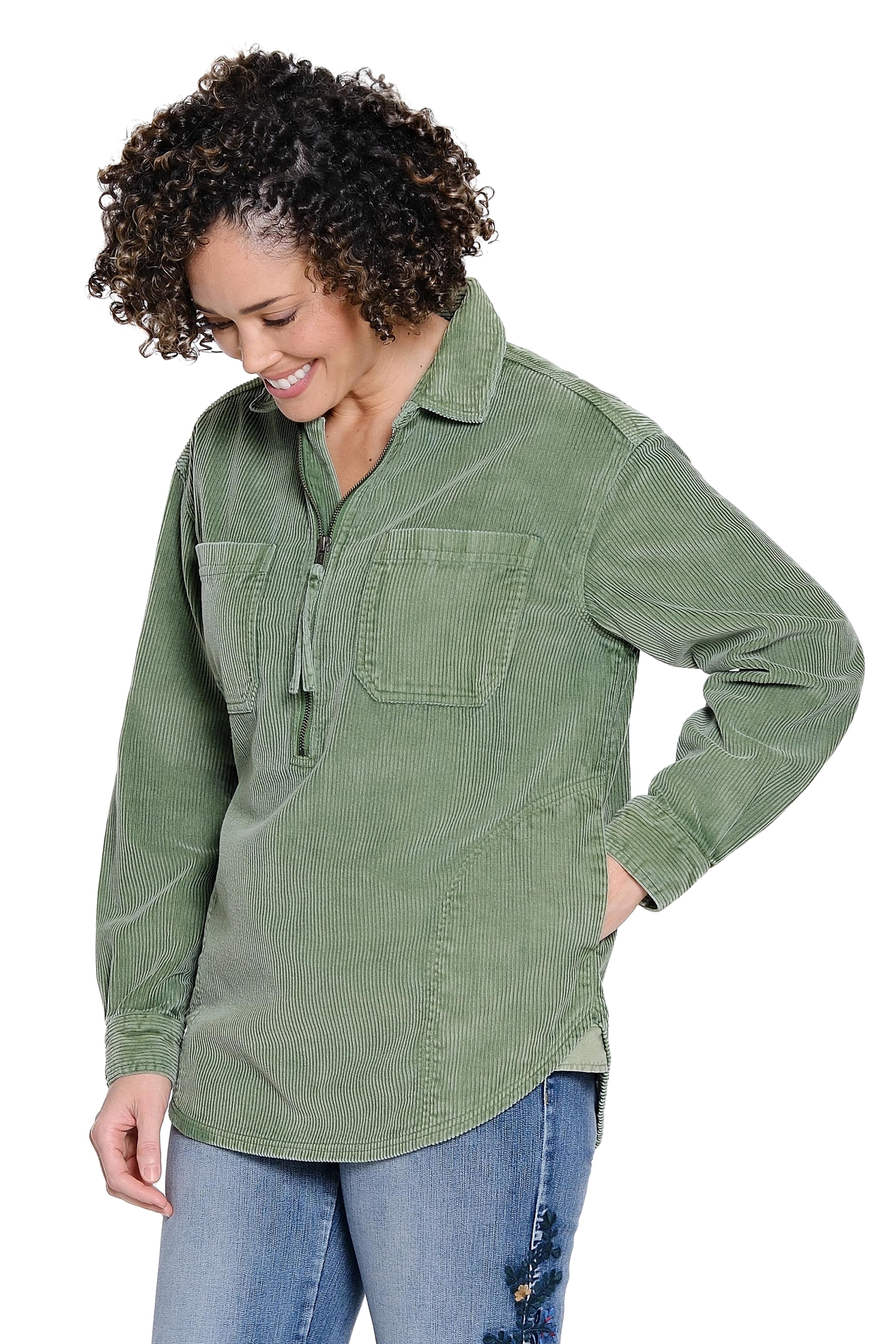 Half Zip Corduroy Shirt - Forest