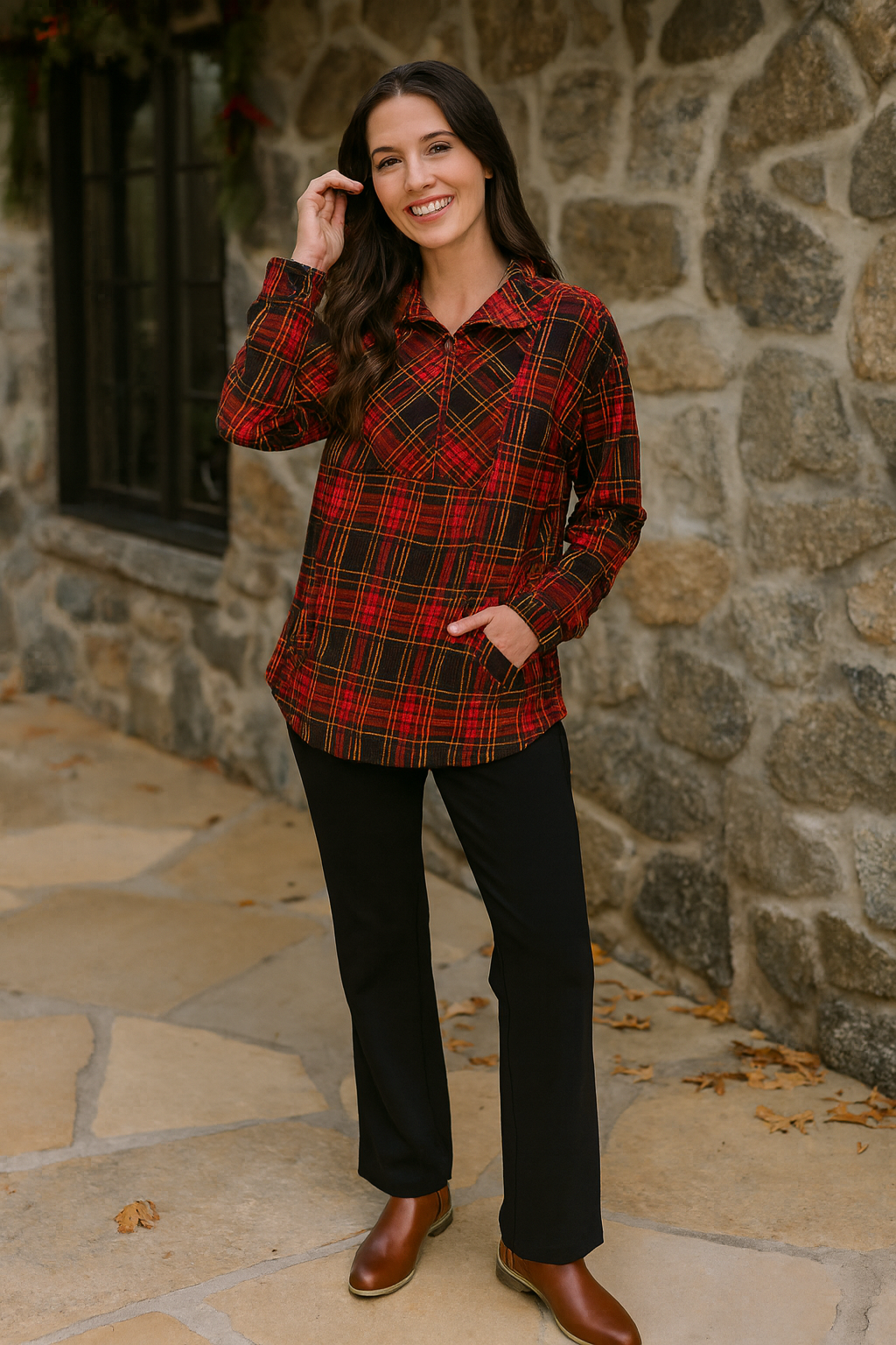 Half Zip Plaid Shirt - Red Plaid