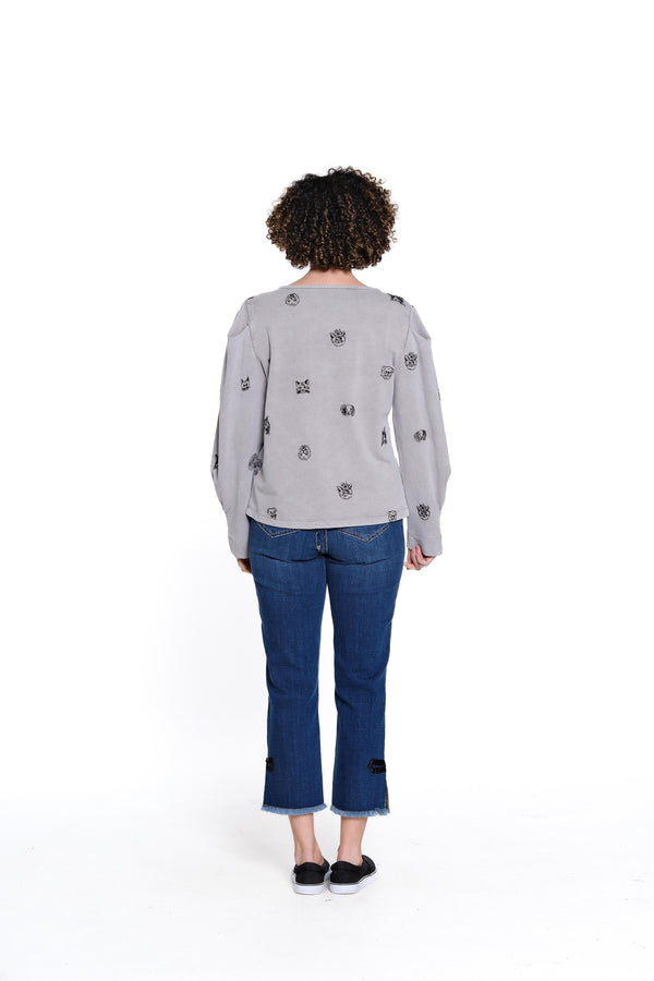 Embroidered Knit Top - Grey