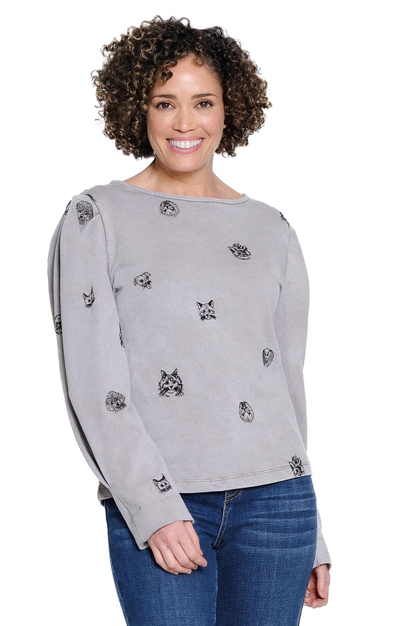 Embroidered Knit Top - Grey