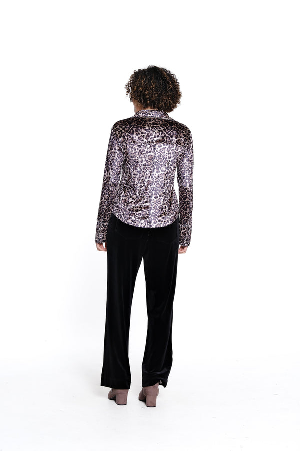 Collared V-Neck Fitted Top - Neutral Animal Print