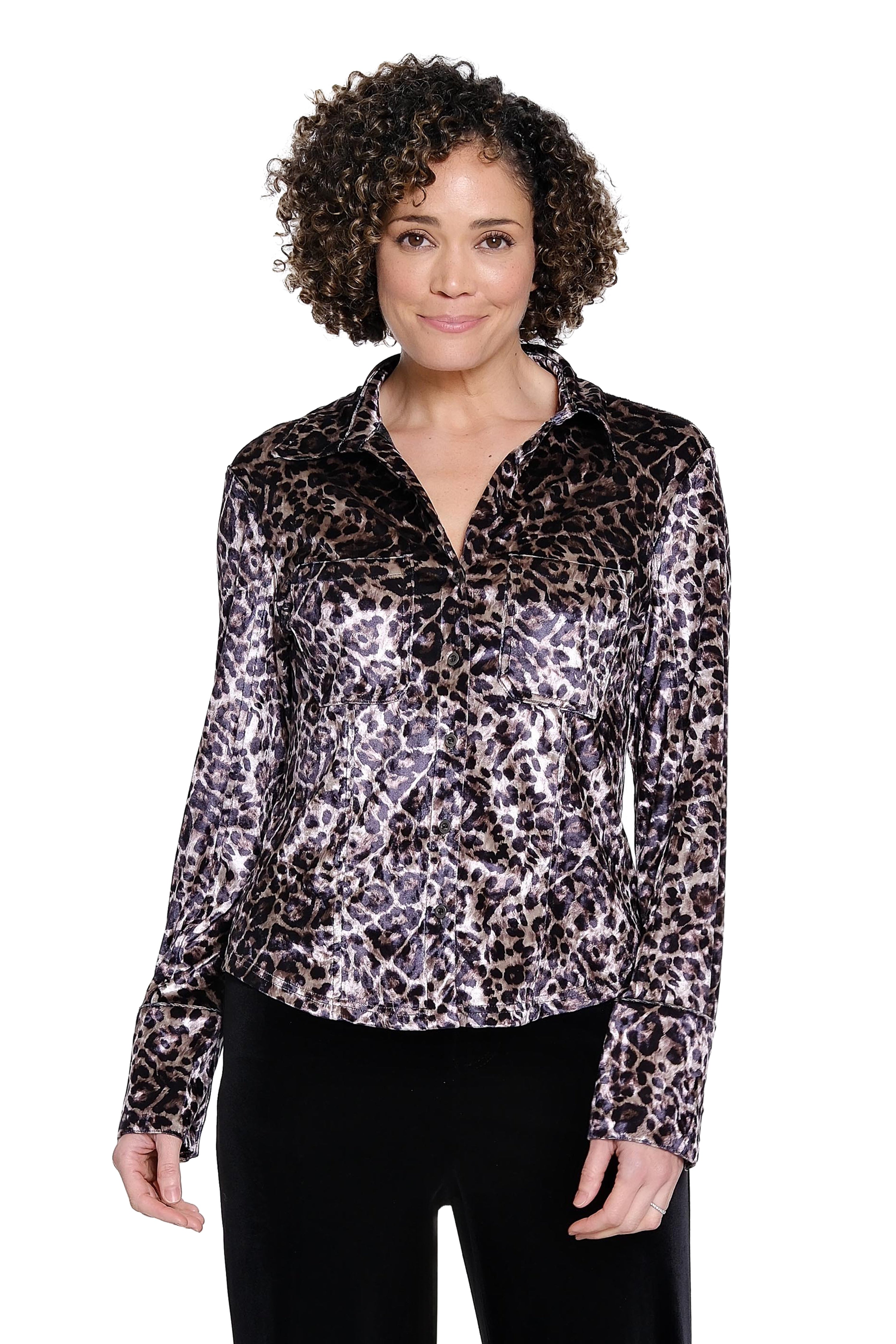 Collared V-Neck Fitted Top - Neutral Animal Print
