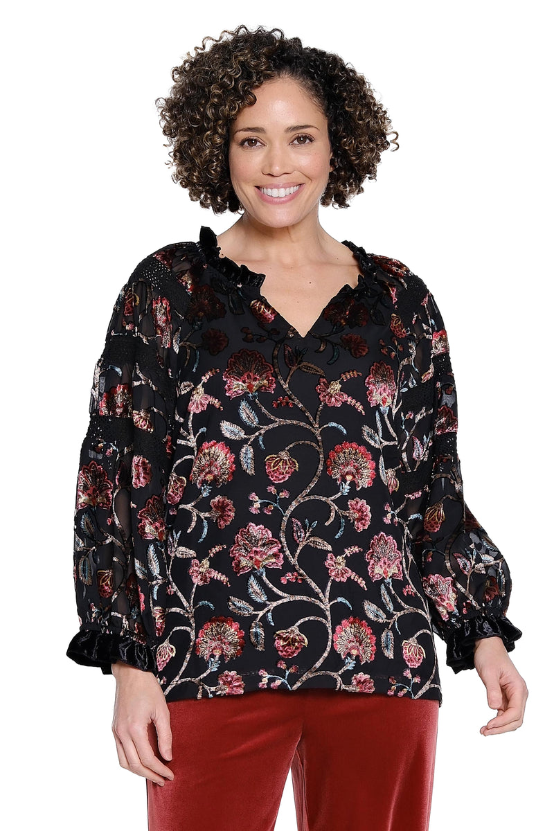 Burnout Velvet Floral Top - Black Multi