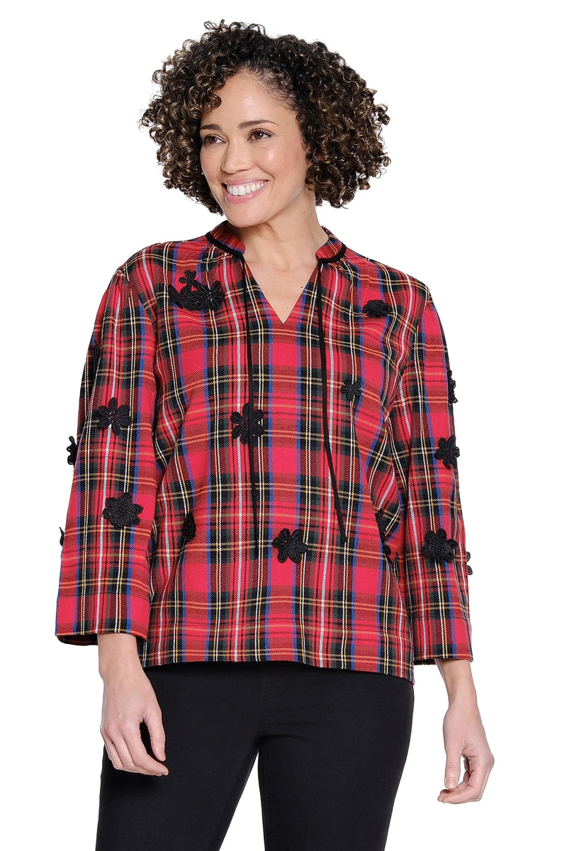Flower Detail Blouse - Red Plaid