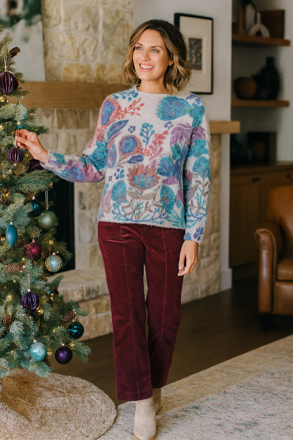 Floral Printed Eyelash Sweater - Multi