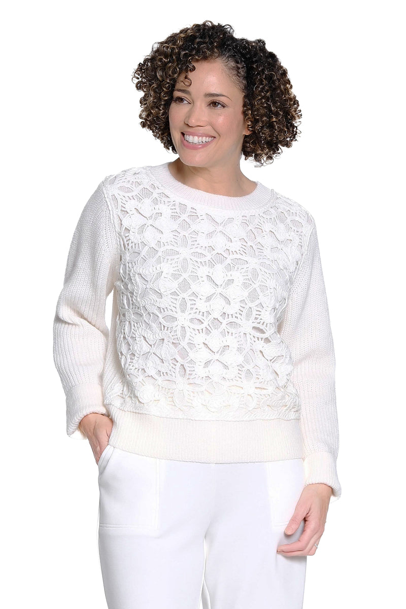 Crewneck Sweater with Crochet Overlay - Ivory