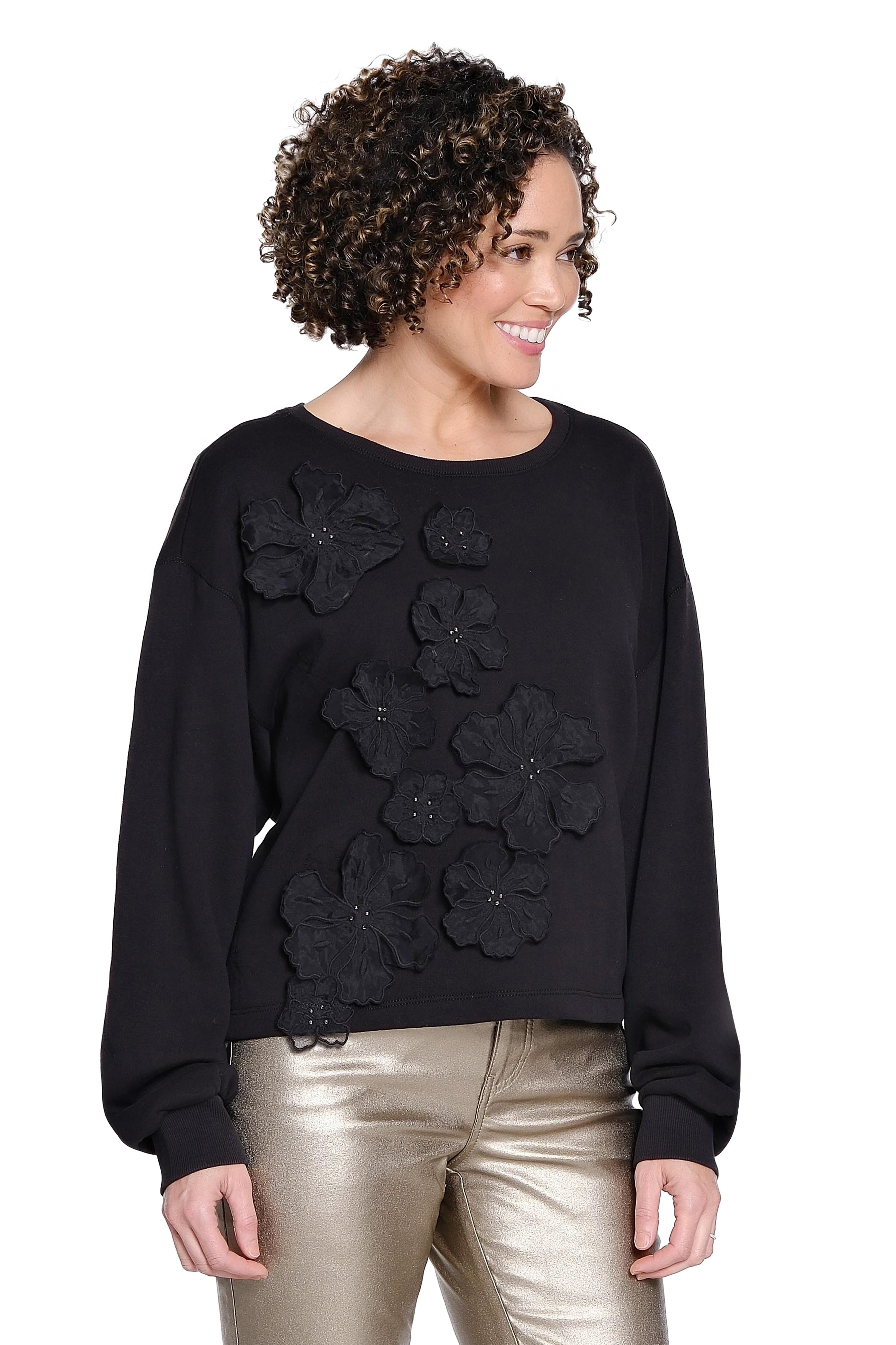Floral Crew Neck Top - Black