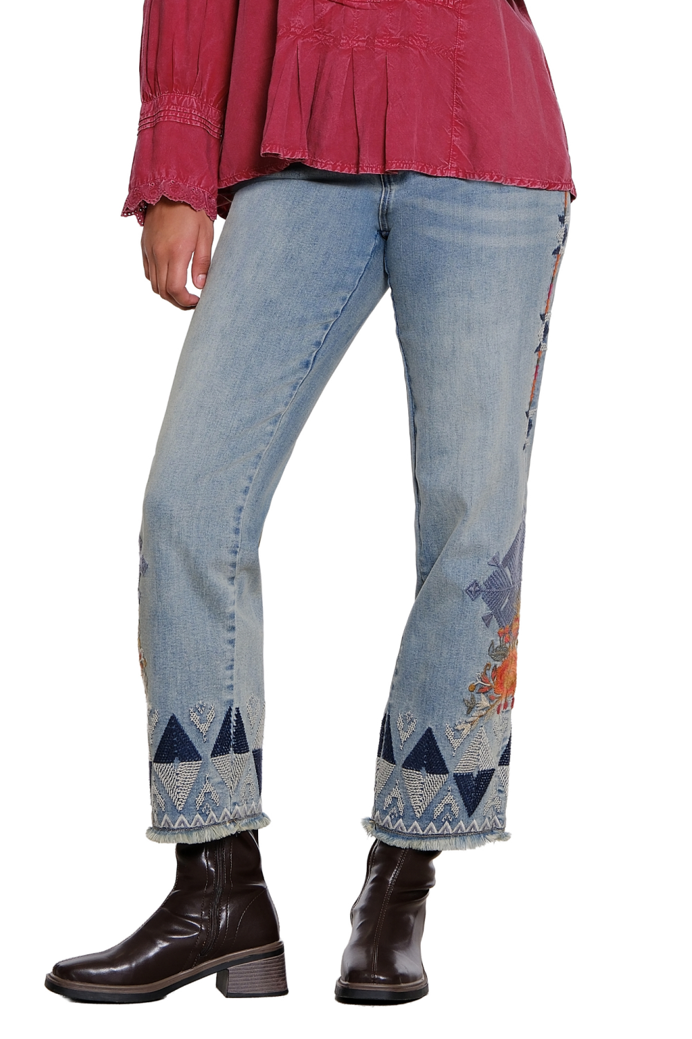Medium Indigo Embroidered Straight Leg Ankle Jean - Missy