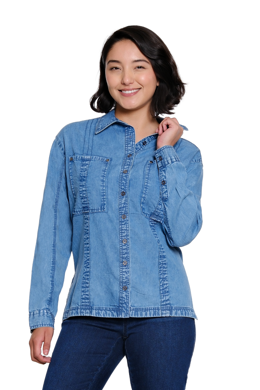 Blue Boyfriend Button-Front Shirt - Missy