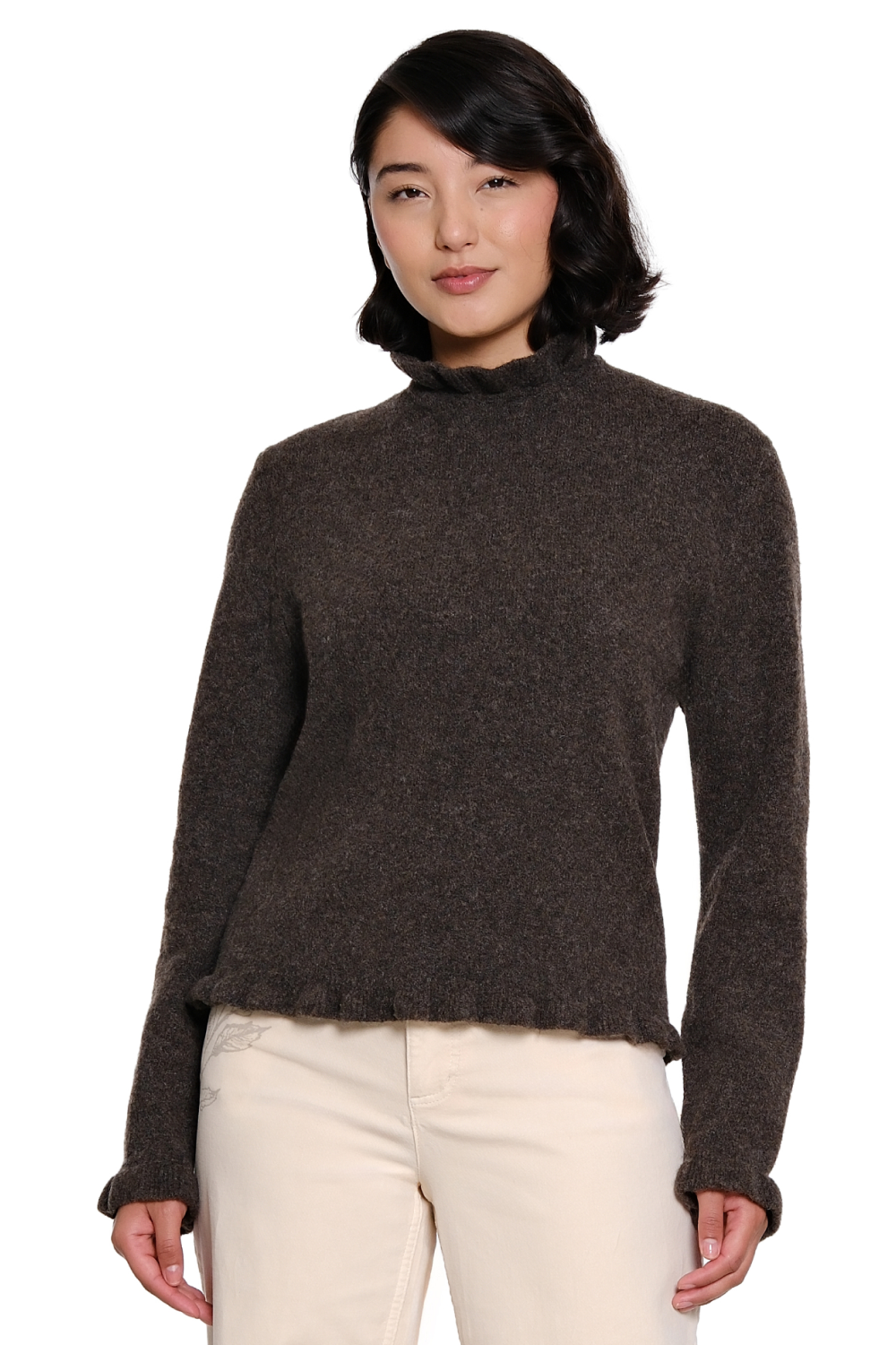 Chocolate Ruffle Trim Pullover Sweater