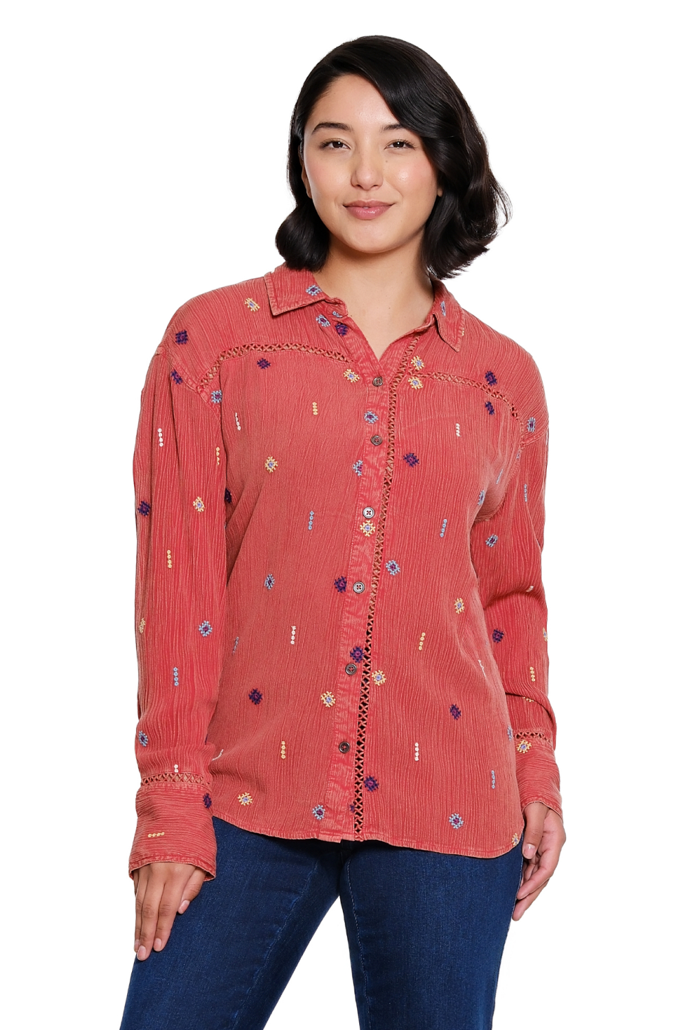 Dark Rust Embroidered Button-Up Shirt - Missy