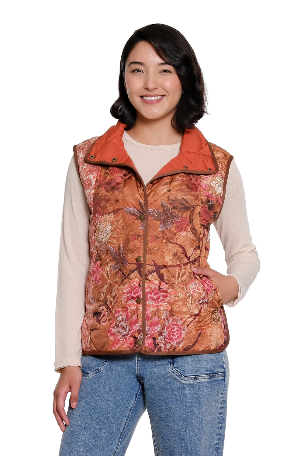Multi Printed Quilted Snap-Front Vest - Missy