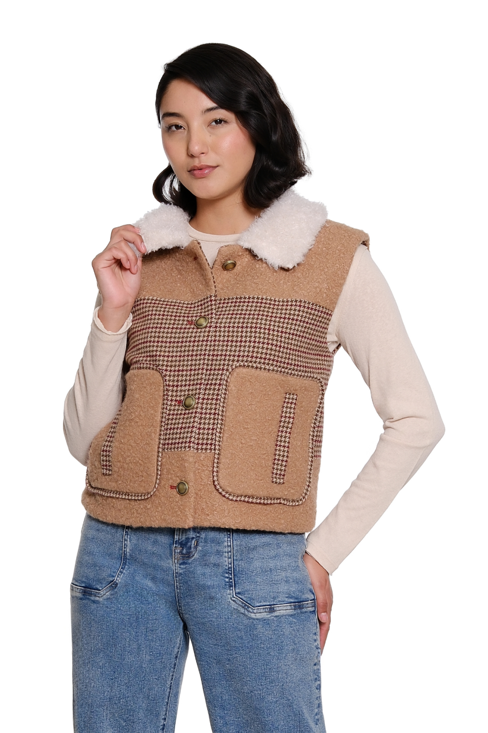 Tan Fur Collar Button-Up Vest - Missy