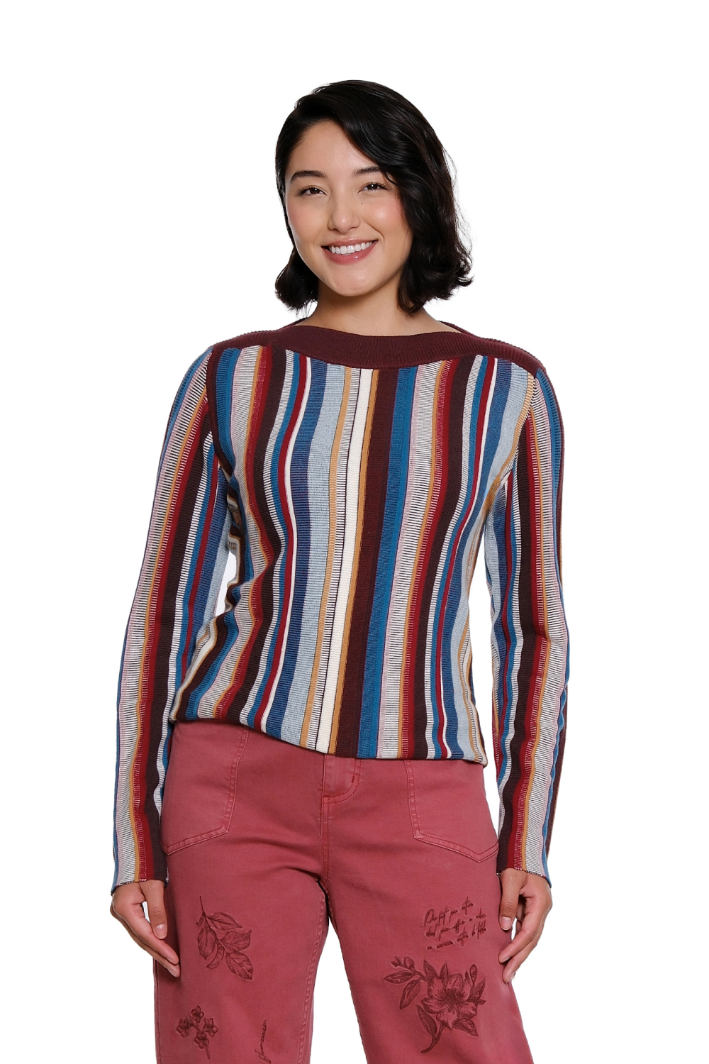Stripe Multi Vertical Stripe Boatneck Sweater - Missy