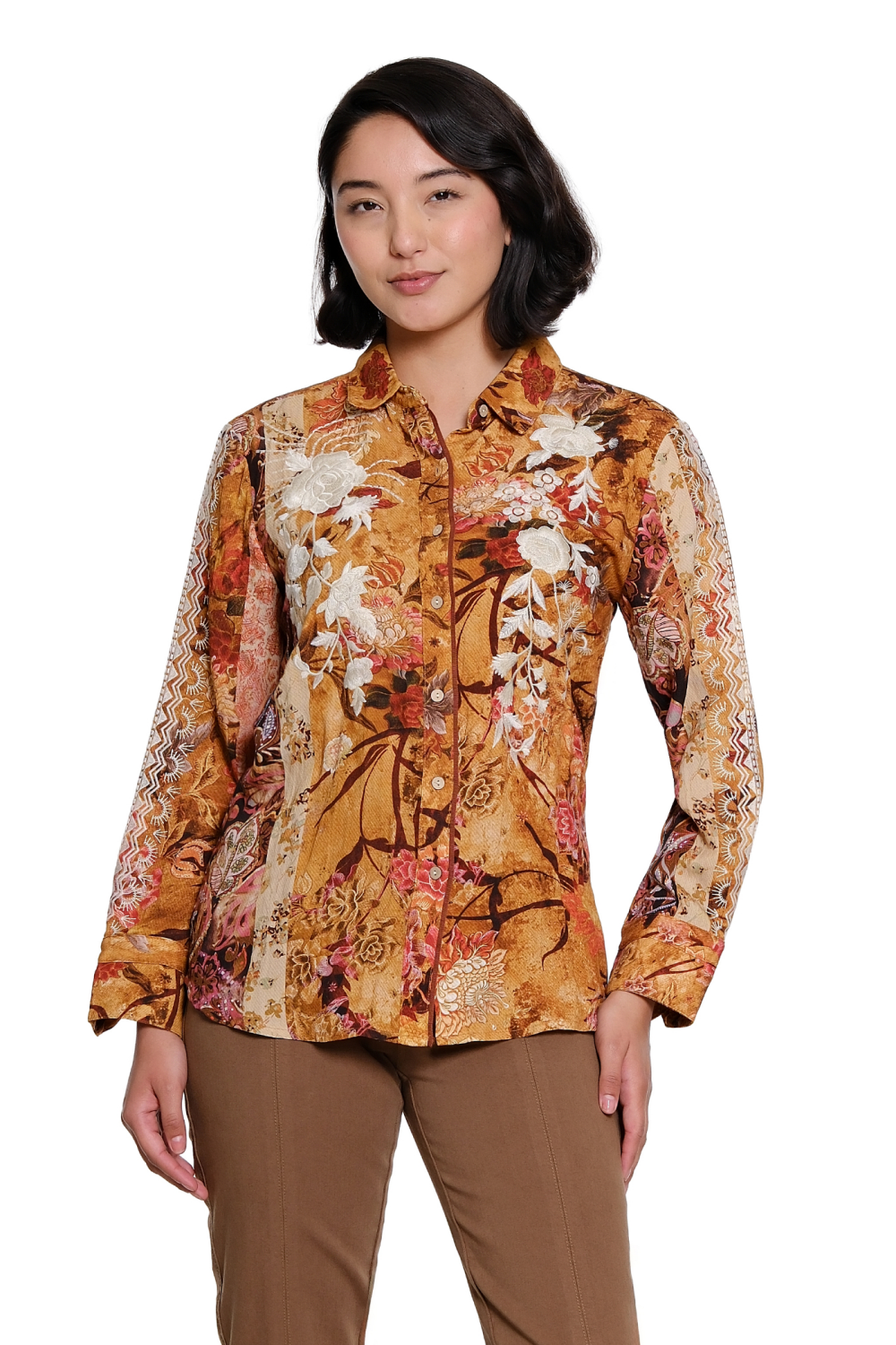 Multi Mixed Print Embroidered Button-Up - Missy