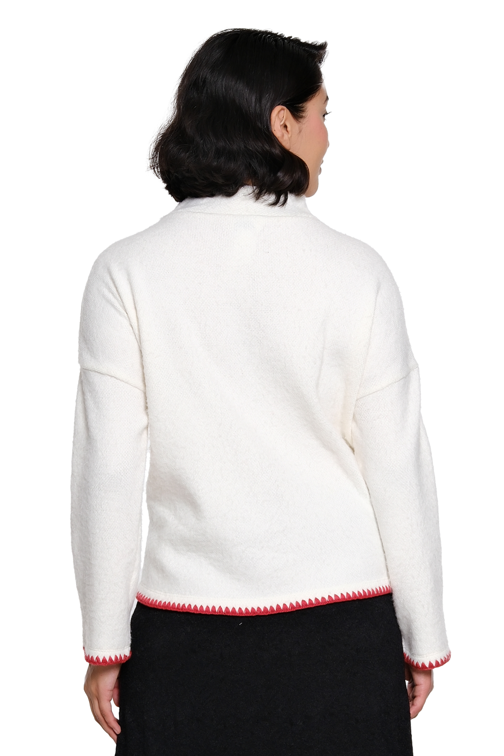 Ivory Embroidered Funnel Neck Top with Crochet Trim